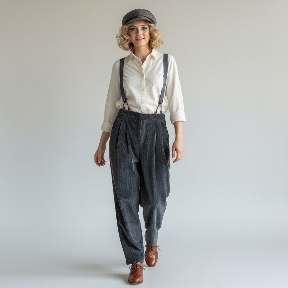Liz Claiborne Womens 12 Grey Corduroy Suspenders Pleated Pants Vintage